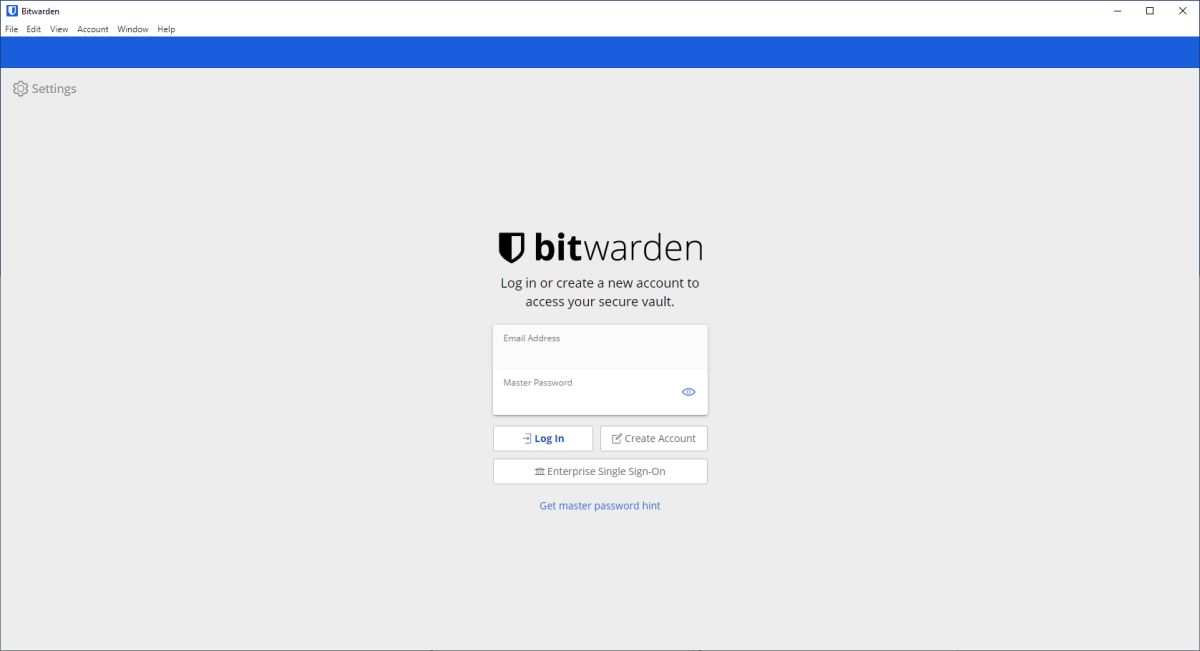 écran de connexion de l'application de bureau bitwarden