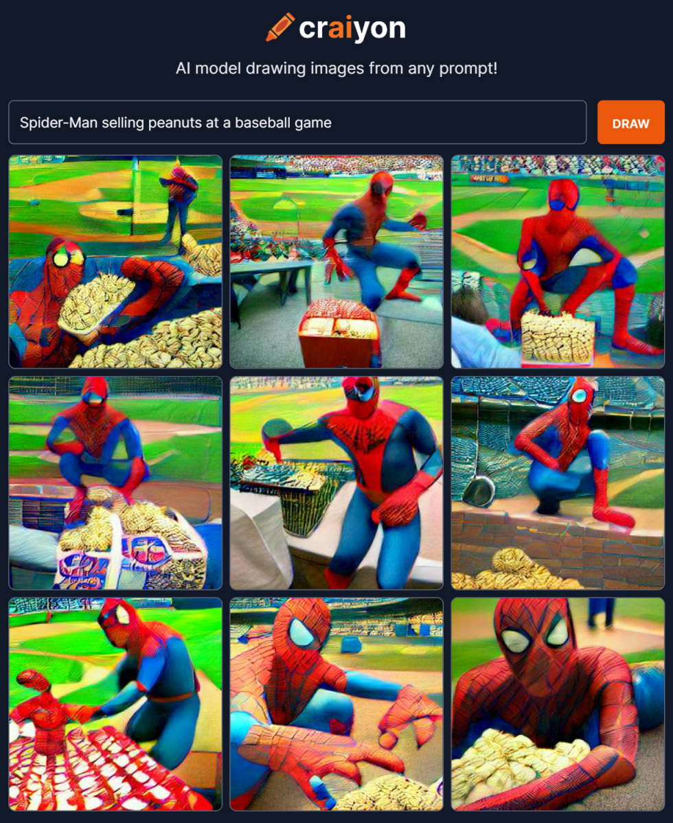 Craiyon Spider-Man selling peanuts at a baseball game