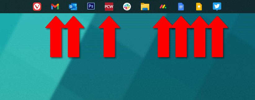 Windows taskbar with arrows indicating web apps