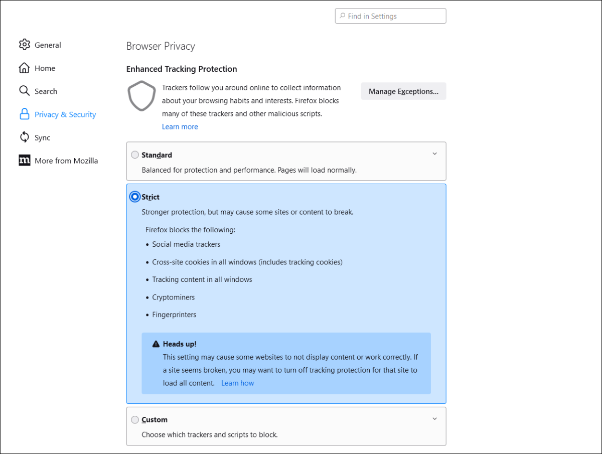 Firefox version 102 Privacy & Security settings
