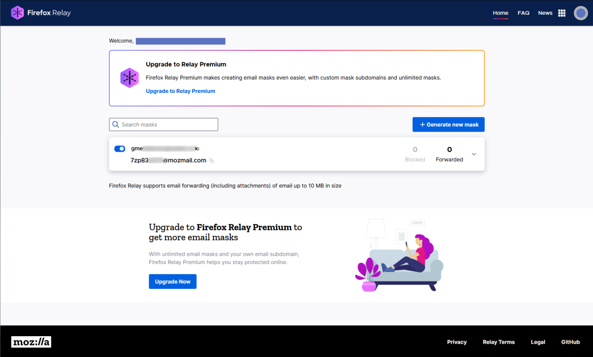 Firefox Relay management screen