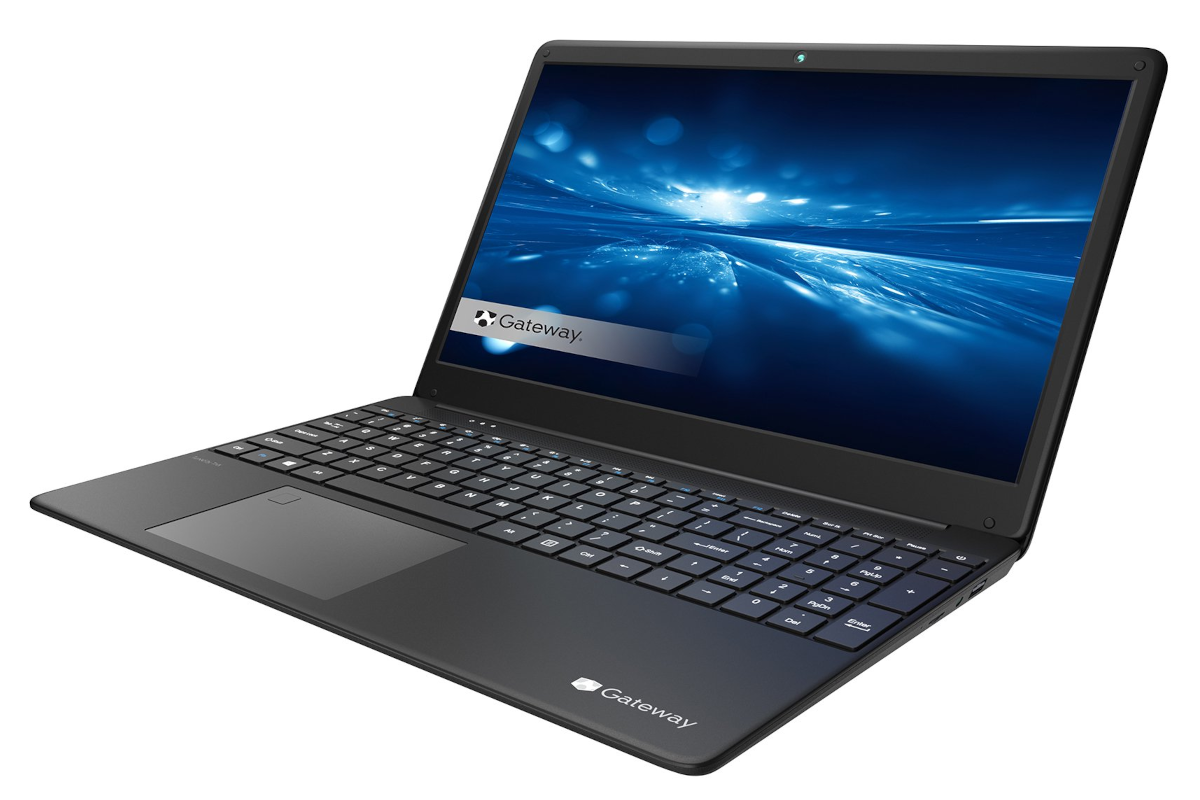 A black laptop facing from right with a blue desktop background