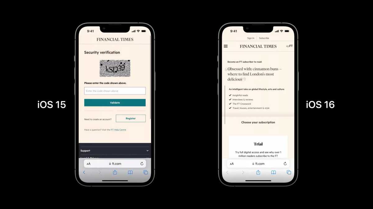Comparison of website login in iOS 16 and iOS 15, showing use of Private Access Tokens