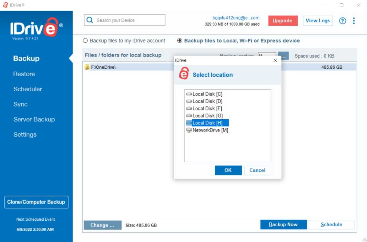 Selecting a backup drive in iDrive