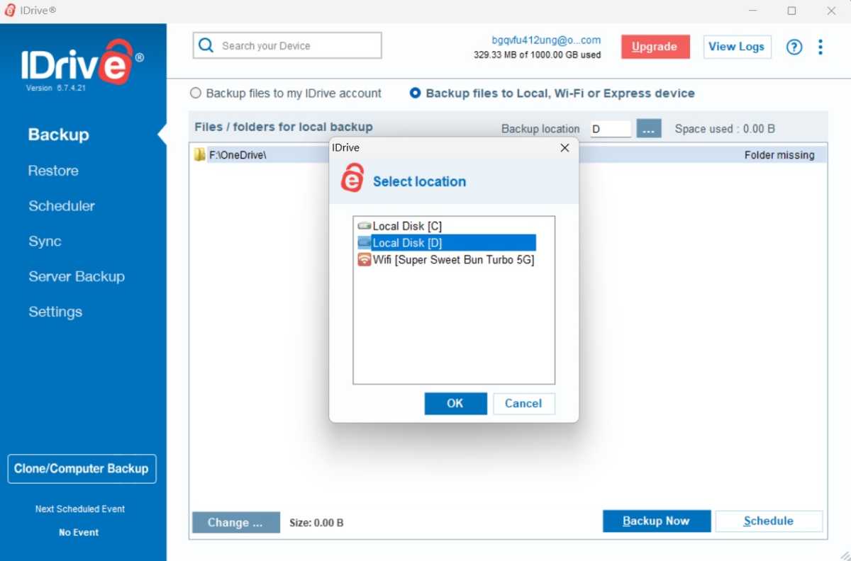 Selecting a drive to restore from in iDrive