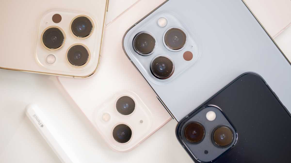 A shot of the rear of the iPhone 13 collection, focusing on cameras