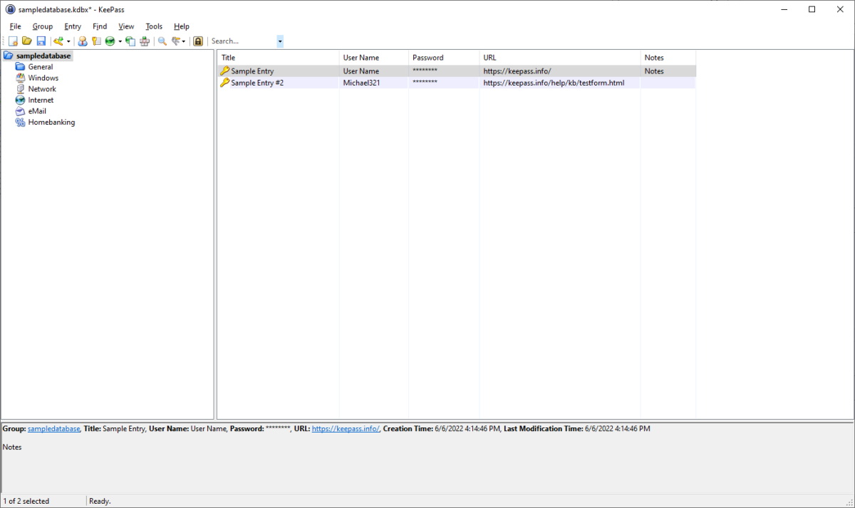 View of the KeePass app with a database open