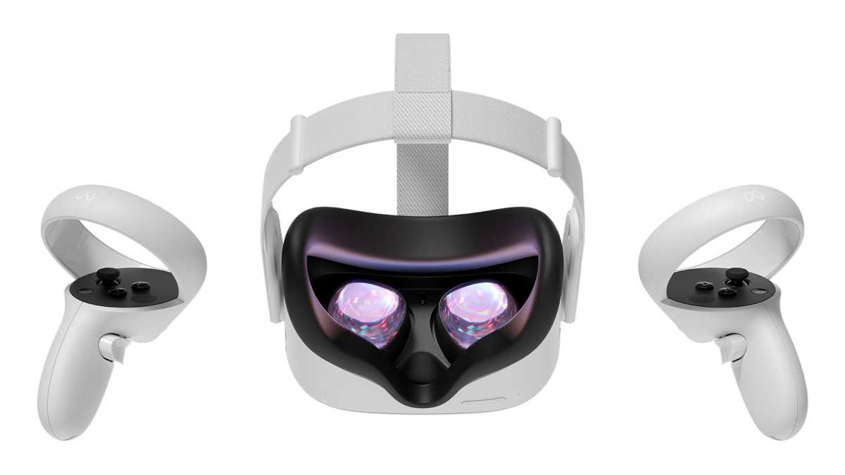 Meta Quest 2 headset with visible controllers and screens