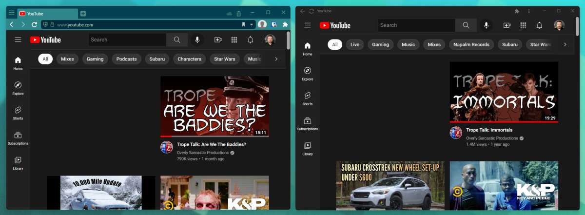 YouTube in a regular tab and a Vivaldi "open as window" interface
