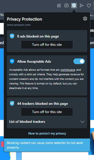 Opera tracker blocking in action