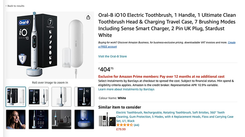 Product page for Oral-B iO10 on Amazon UK 