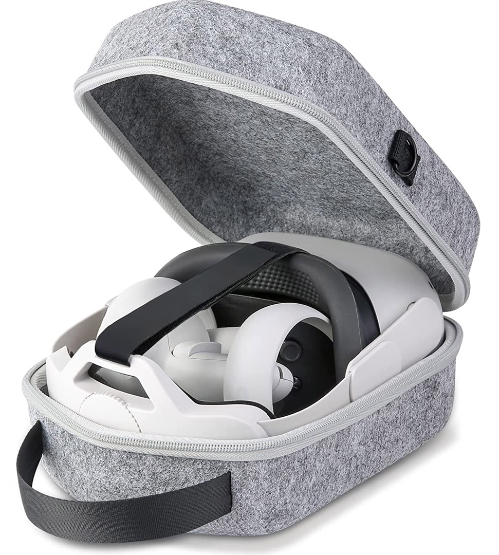 Meta Quest 2 headset and controllers in a carrying case