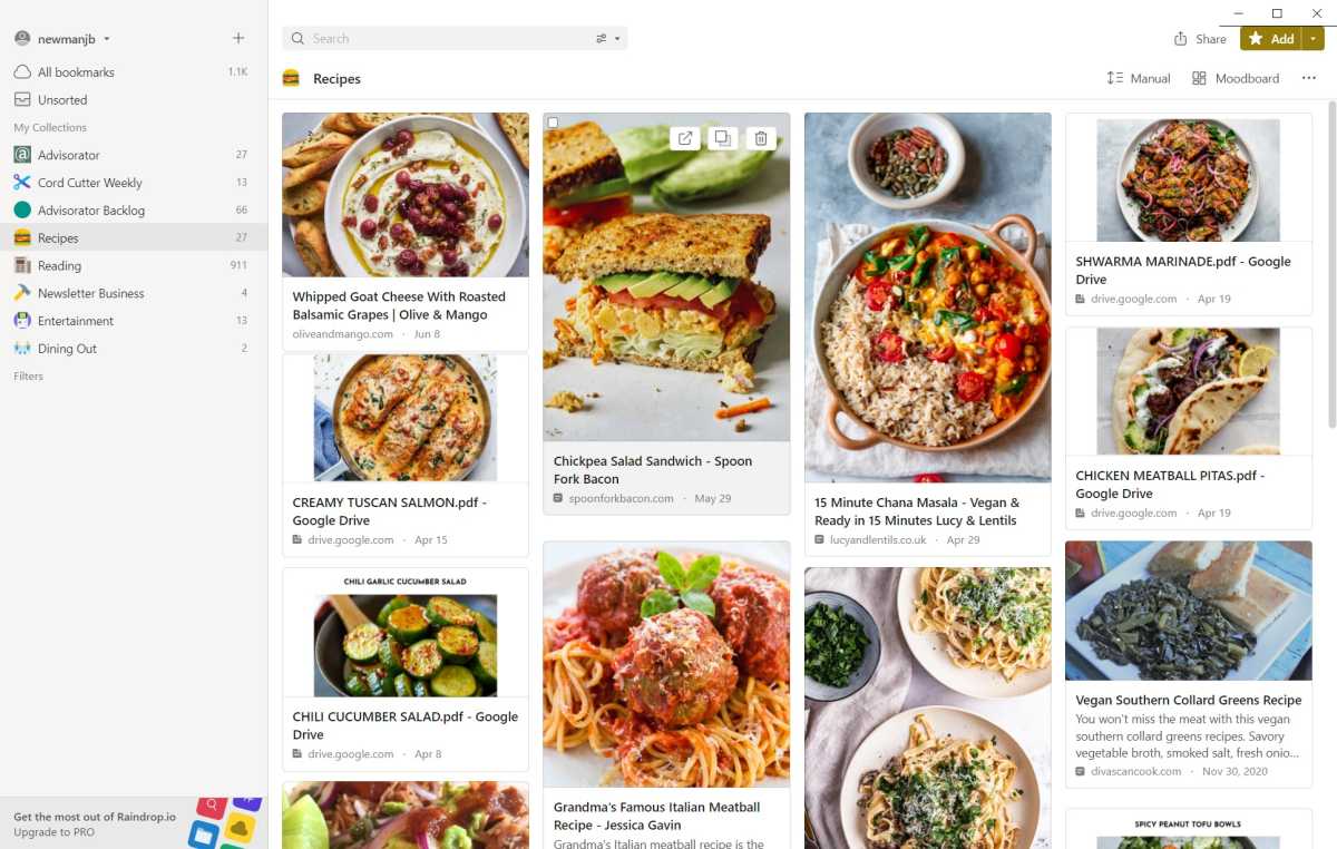 Saved recipe board in Raindrop.io