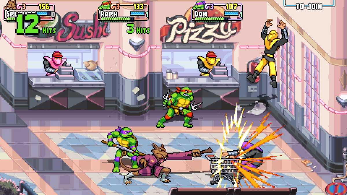 Shredder's Revenge screenshot: turtles fighting in a food court