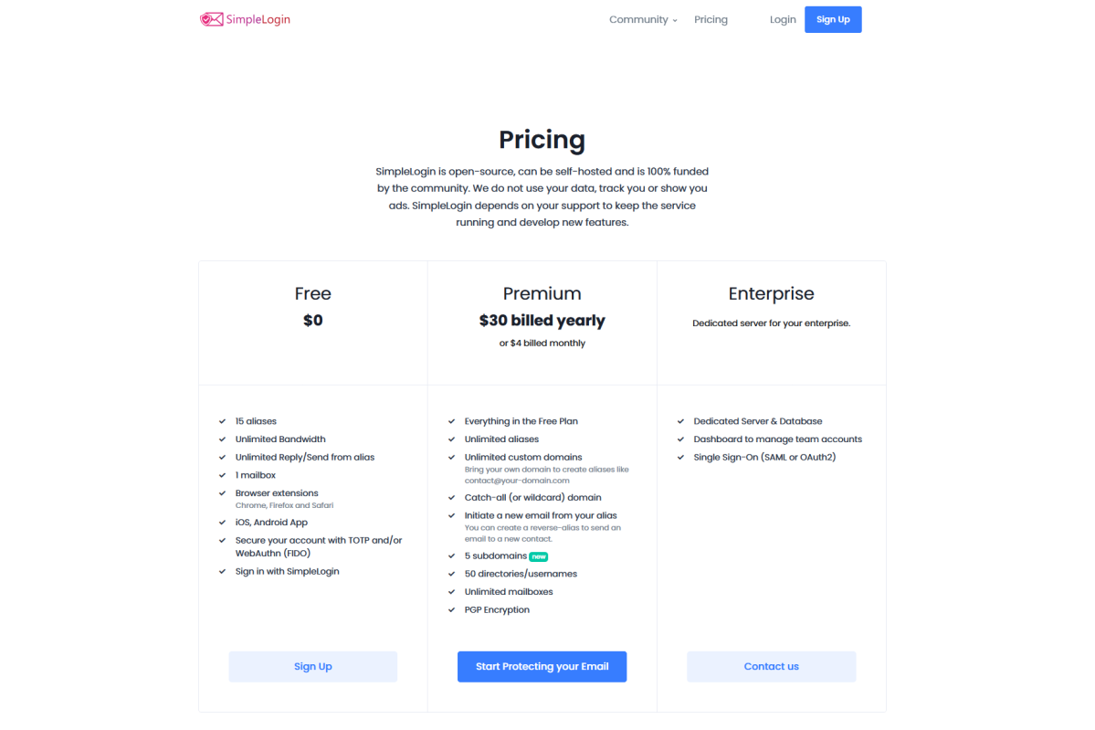 SimpleLogin's pricing info page