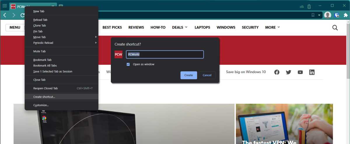 Vivaldi shortcut menu open as window in a PCWorld tab