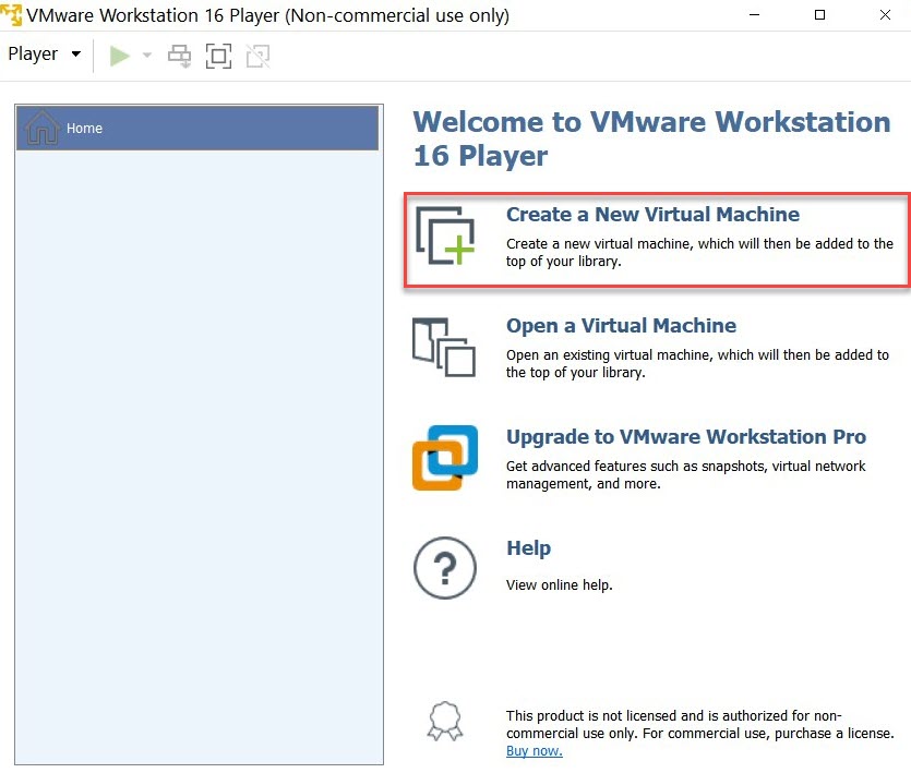 VMware Workstation 16 Player home screen