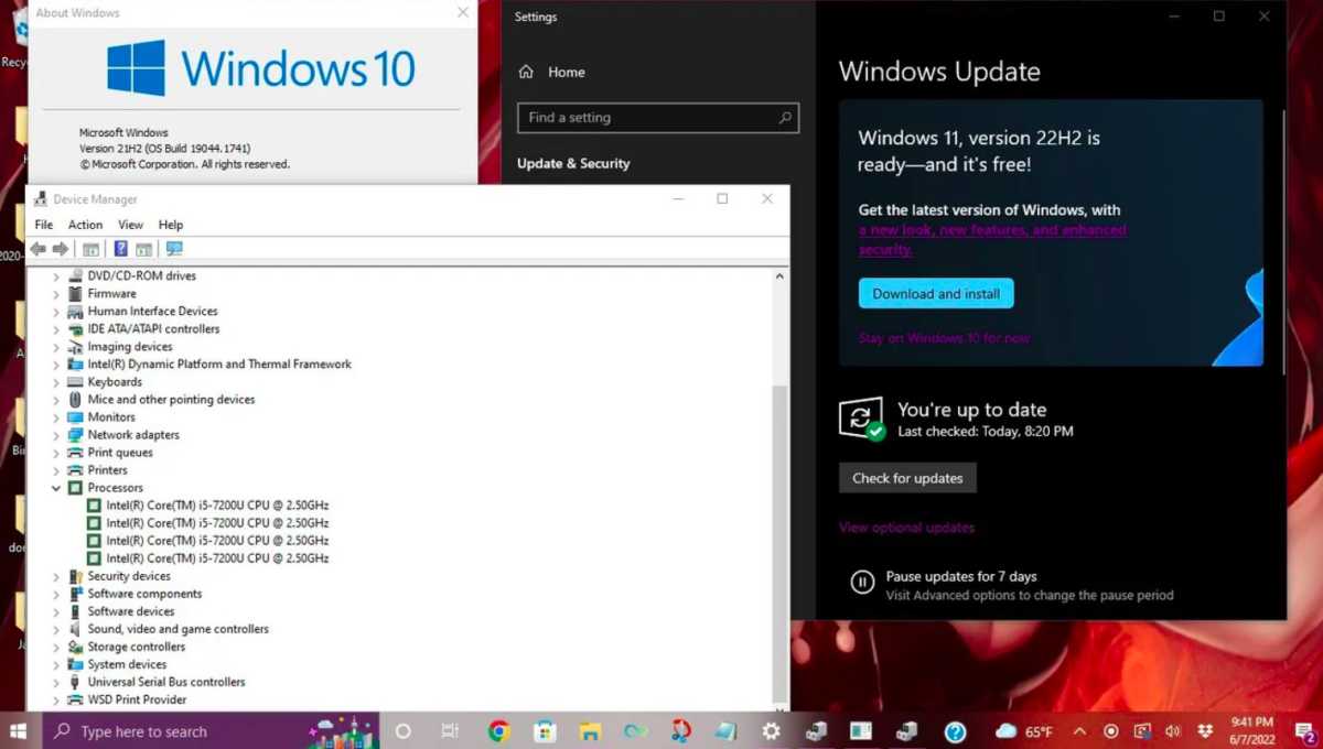 Windows 10 screenshot showing incompatible device with option to install Windows 11 22H2 update