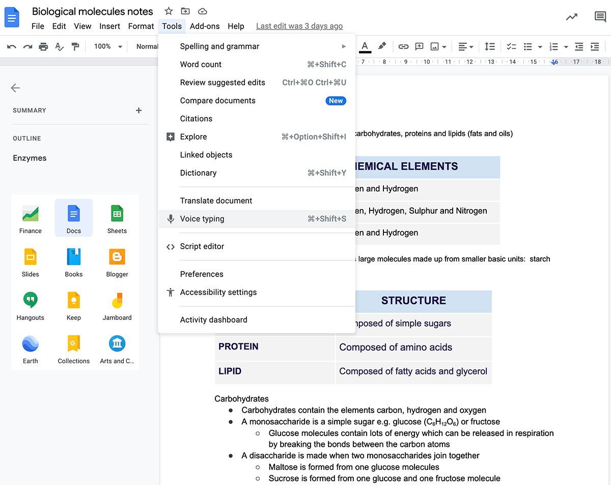 Flashcards Google Docs Voice Typing