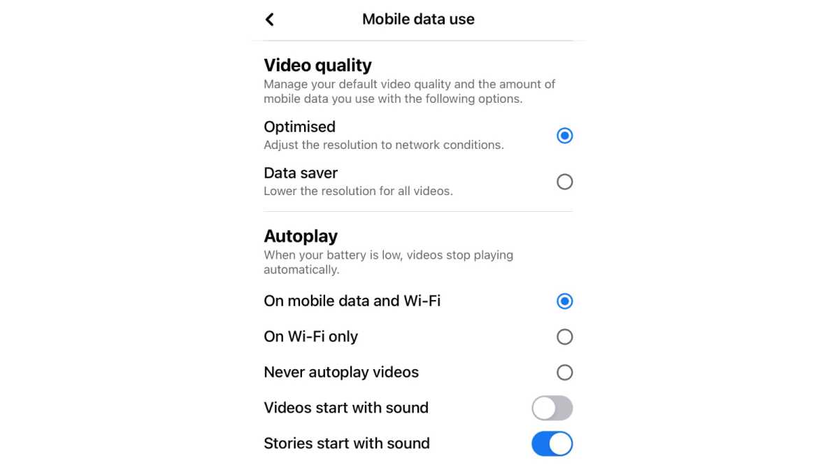 Menu of settings for mobile data use on Facebook