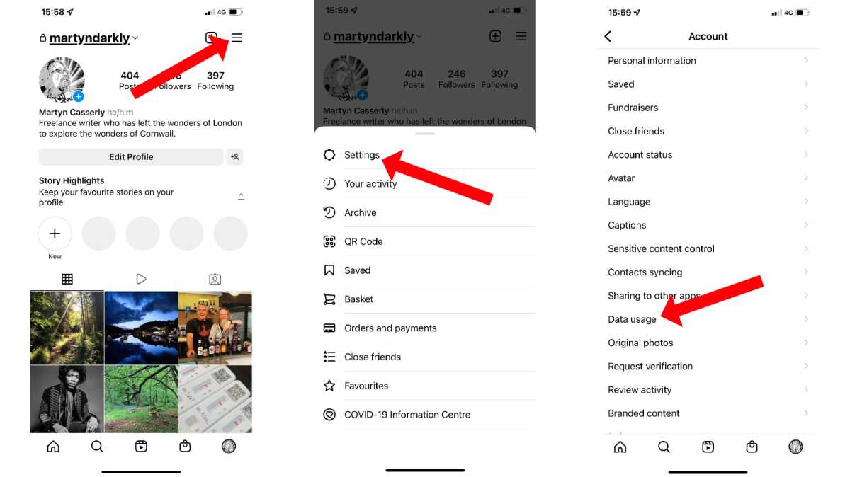 Changing data use settings for Instagram