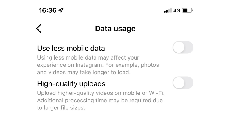 Data usage setting options for Instagram