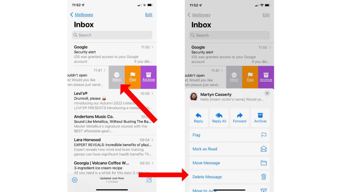 Using swipe gestures to delete unopened email on iPhone
