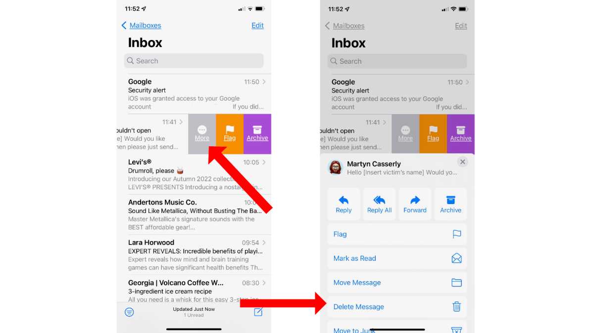 Using swipe gestures to delete unopened email on iPhone