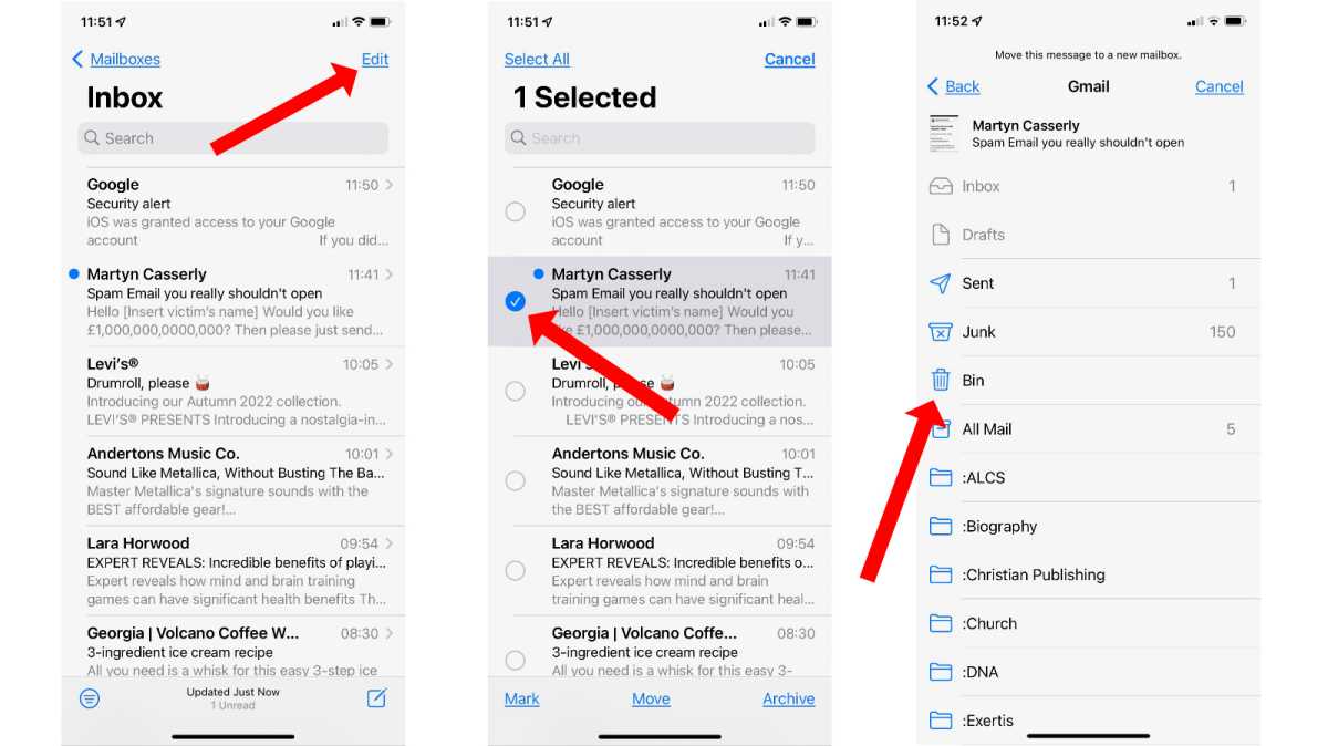 Düzen menüsü aracılığıyla iPhone'da açılmamış e-postayı silme 