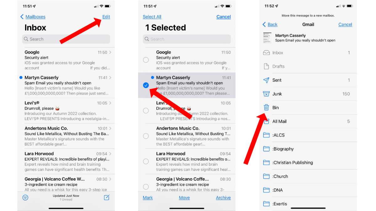 Düzen menüsü aracılığıyla iPhone'da açılmamış e-postayı silme 