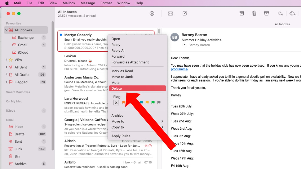 how to delete mail on mac without opening it