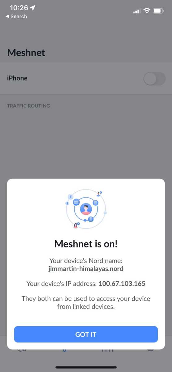 NordVPN Meshnet iOS enabled