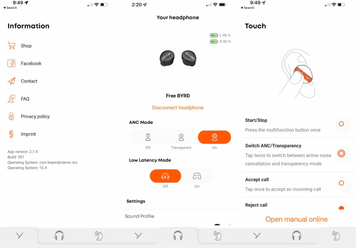 Contrôles de l'application Beyerdynamic