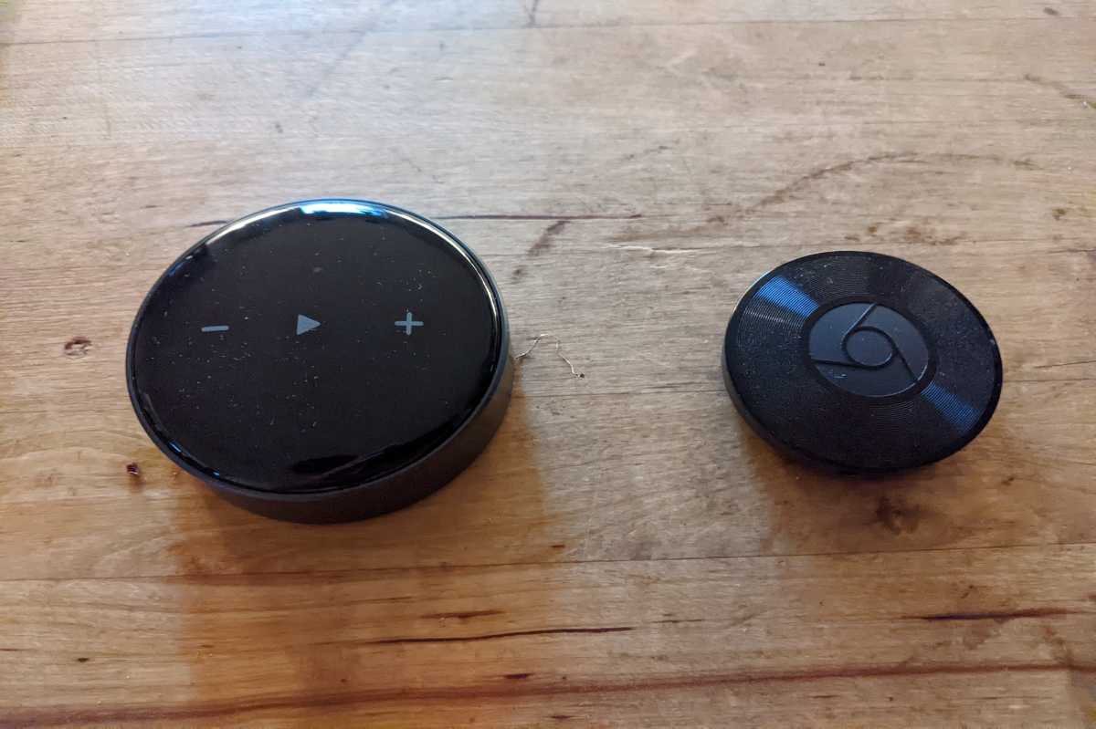 Two streamers: The WiiM Mini, left, with the discontinued Chromecast Audio.