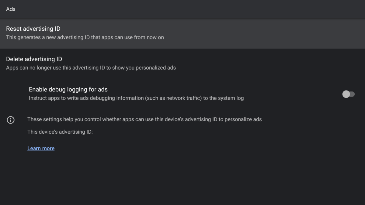 Ad ID settings on Android TV