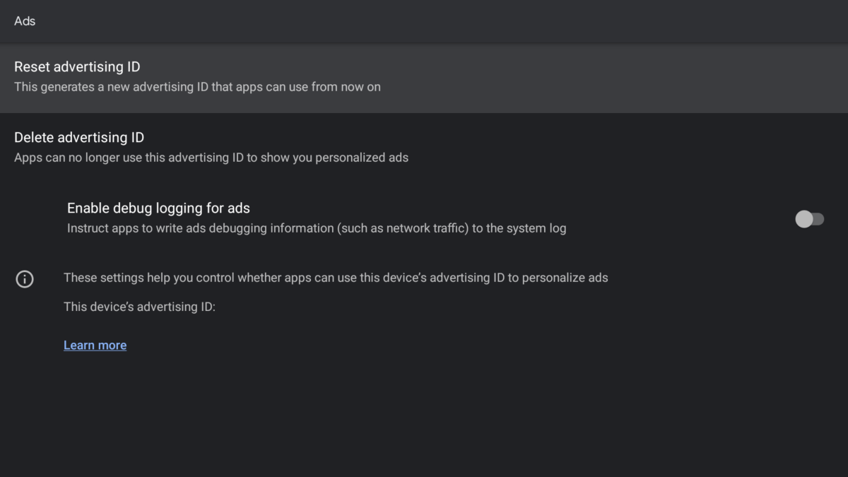 Ad ID settings on Android TV