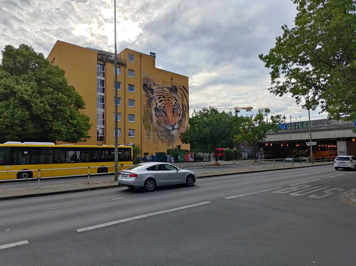 Busy road and tiger mural