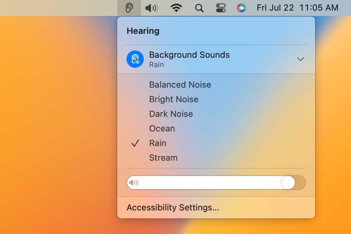 Access background sound settings from the menu bar.