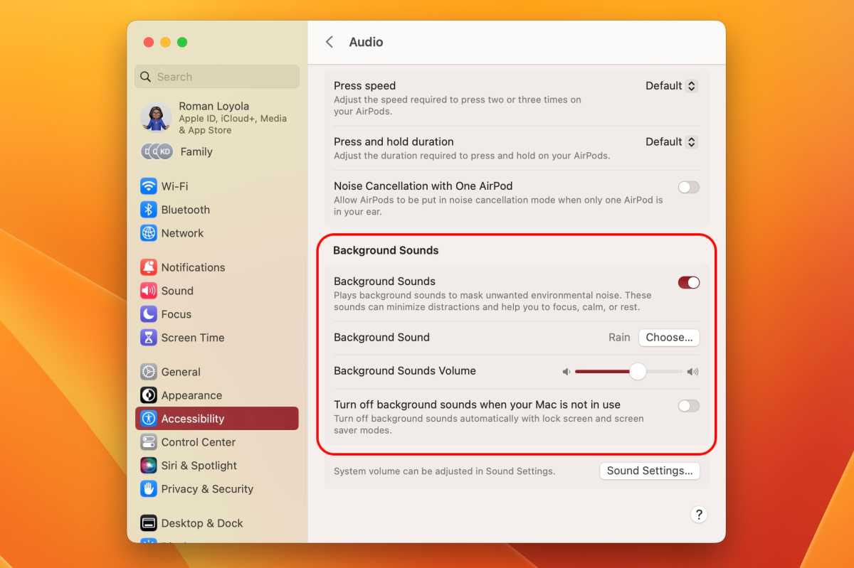 Background Sounds settings in macOS Ventura