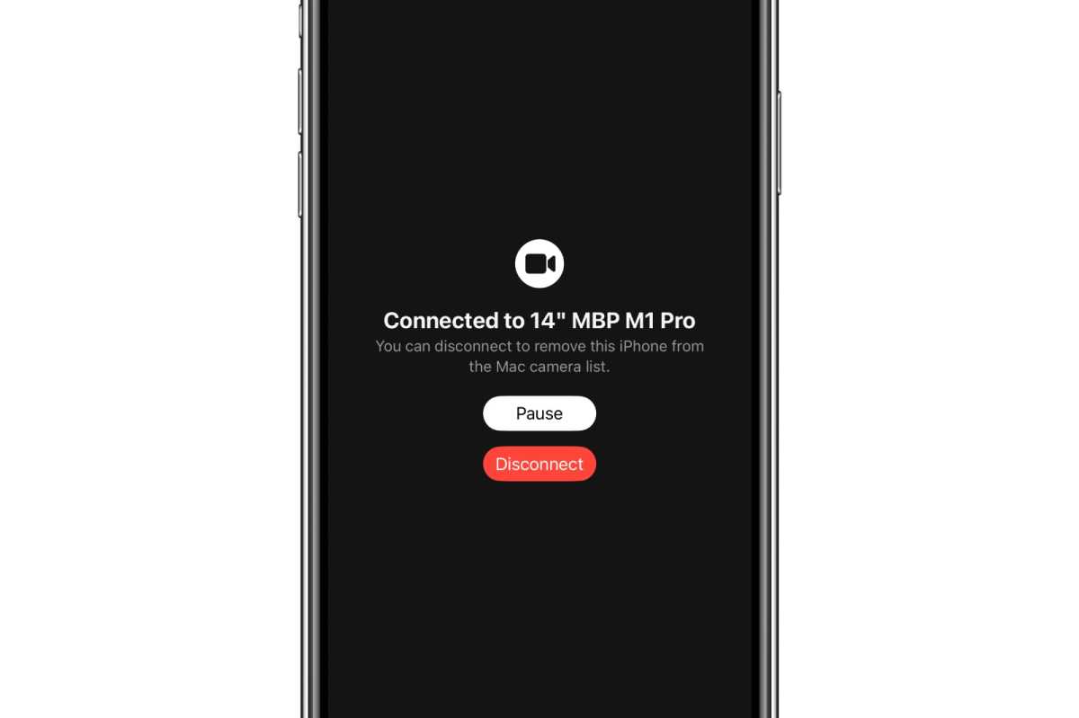 Cuando se utiliza un iPhone como cámara web de Mac, aparece esta pantalla en el teléfono.