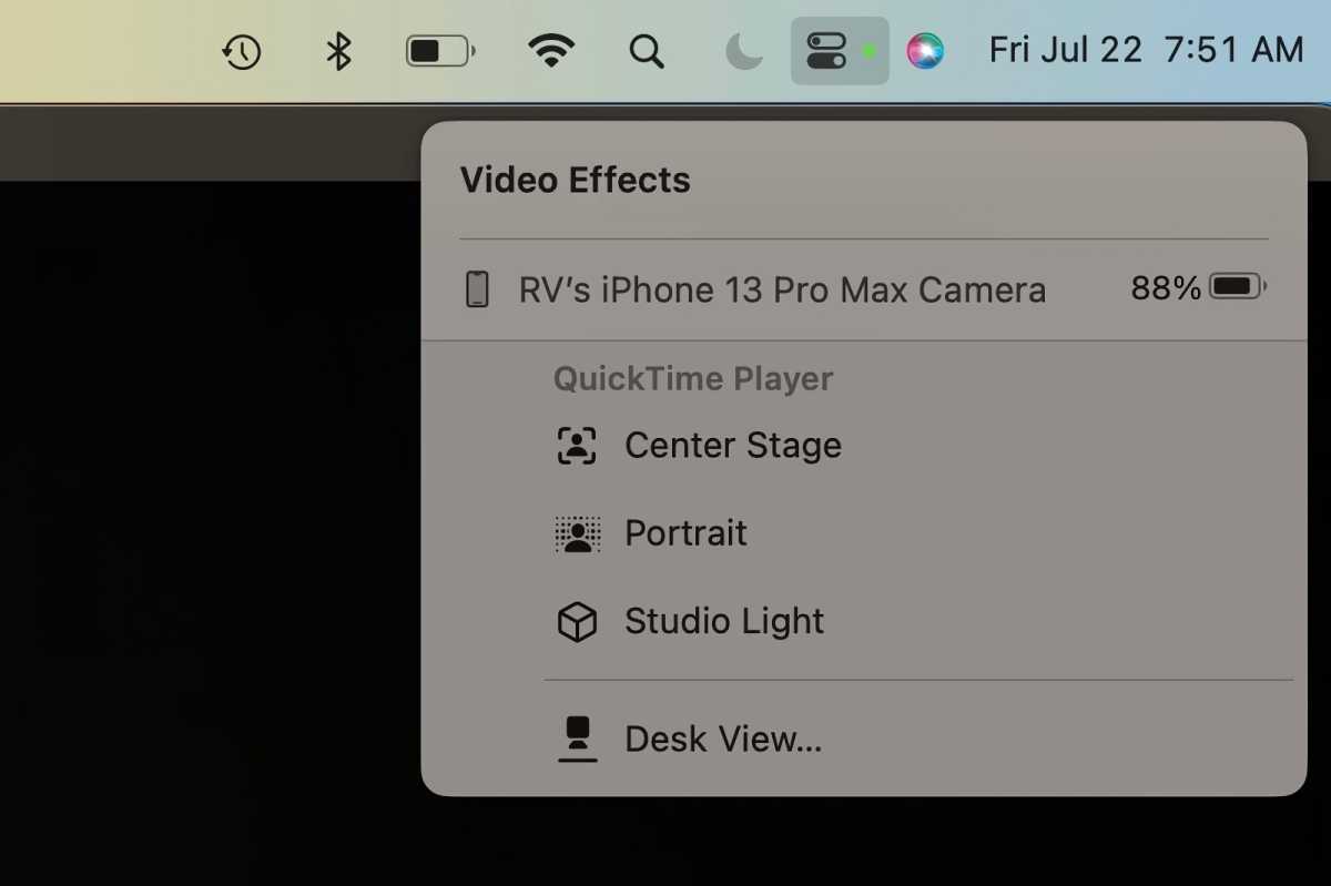 Continuity Camera in macOS Ventura has four video effects you can enable in Control Center: Center Stage, Portrait, Studio Light, and Desk View.
