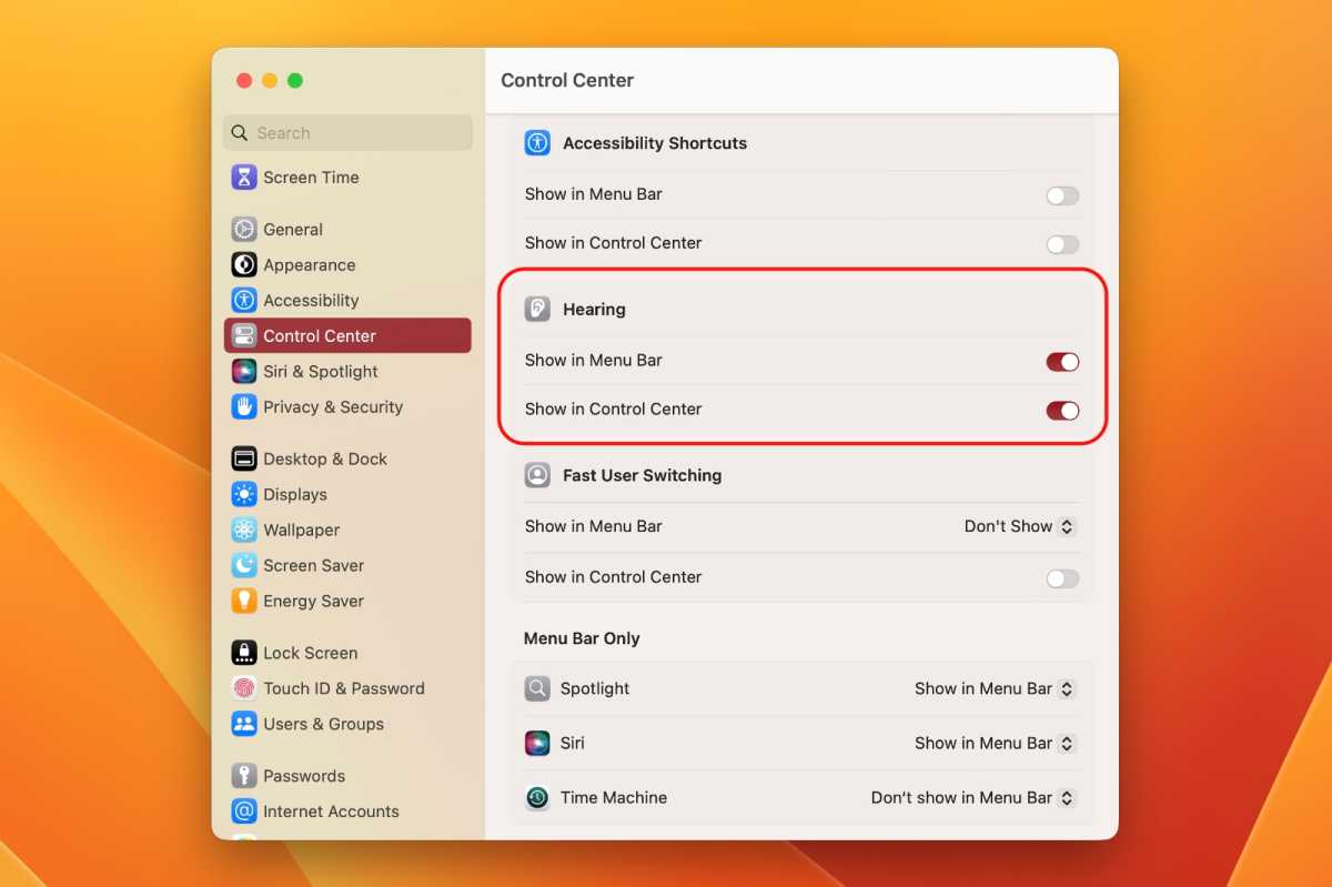 How to activate the Hearing menu bar and the Control Center module