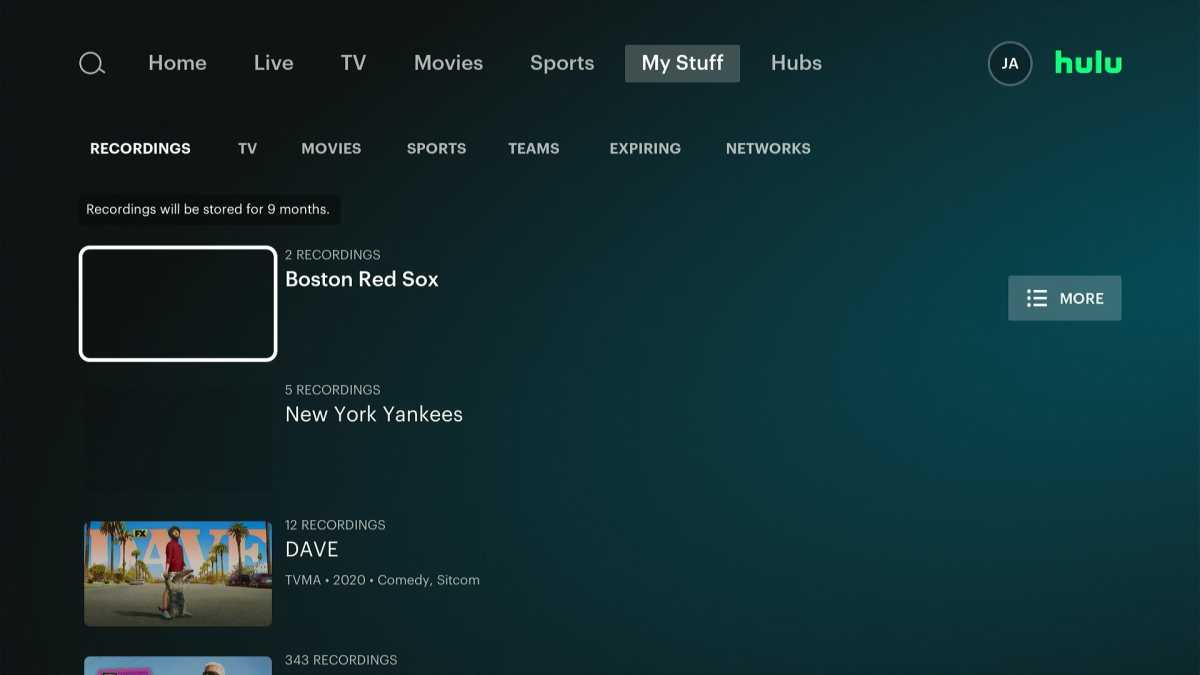 Hulu + Live TV recordings tab