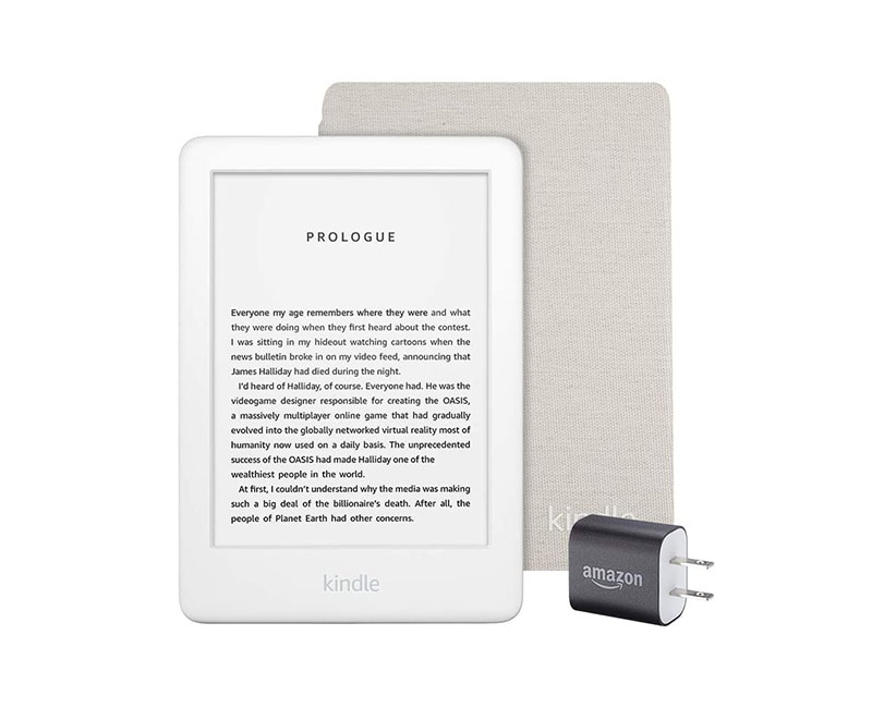 White Kindle with fabric Kindle cover bundle