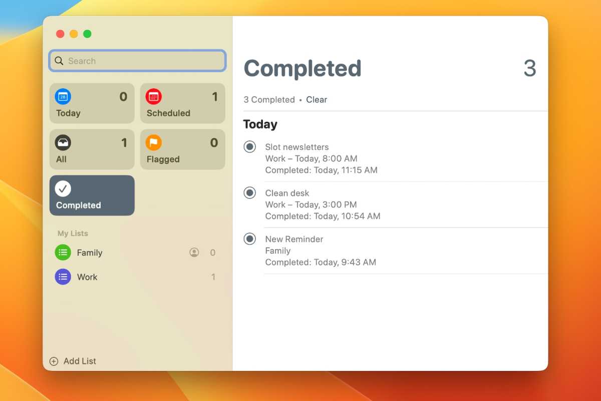 В macOS Ventura в «Напоминаниях» появился новый раздел «Выполнено».