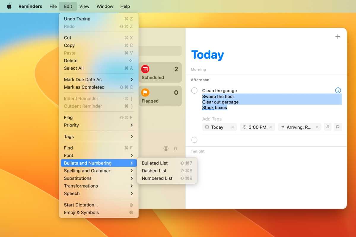 In macOS Ventura, Reminders now offers formatting of texts and lists.