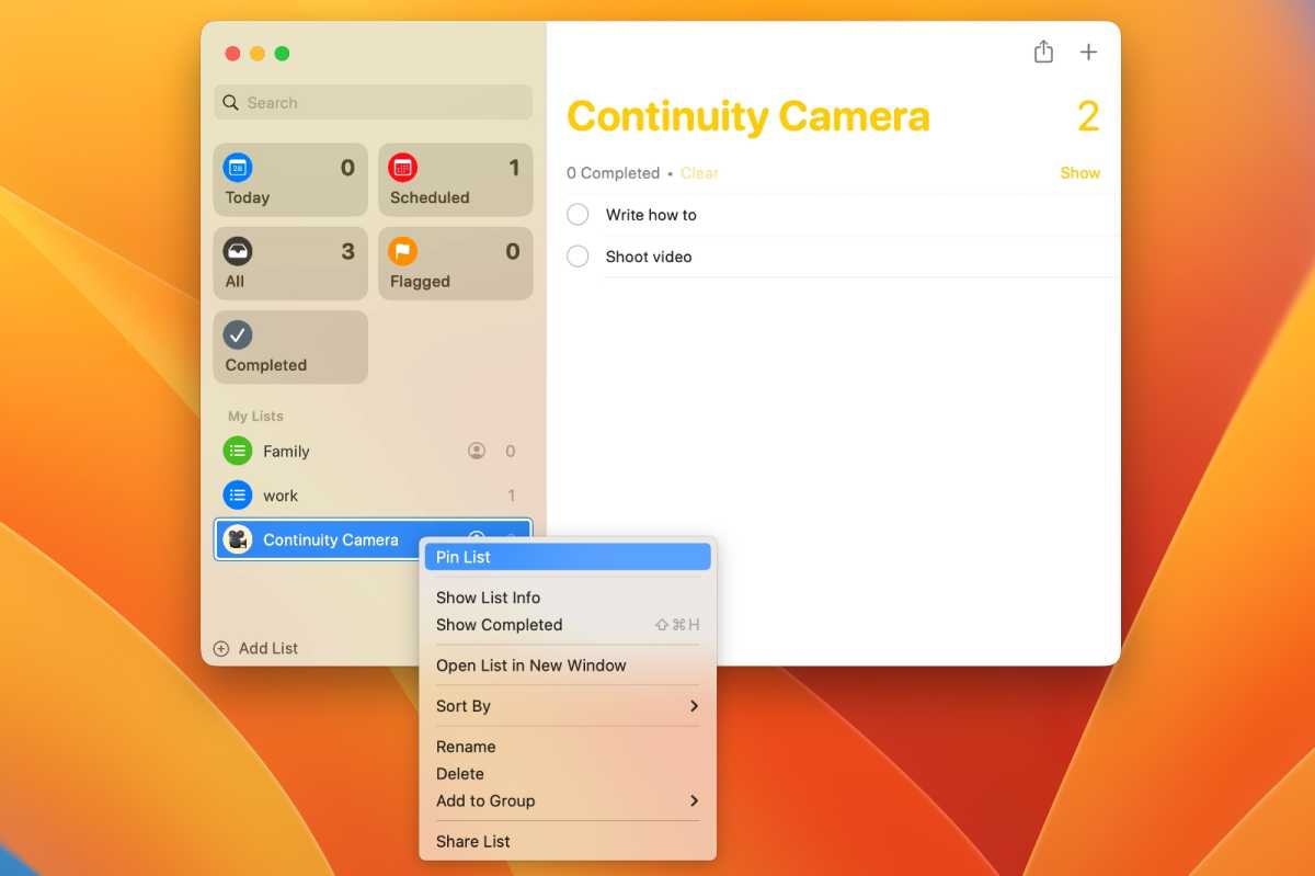 In macOS Ventura, lists in Reminders can be pinned for quick access.