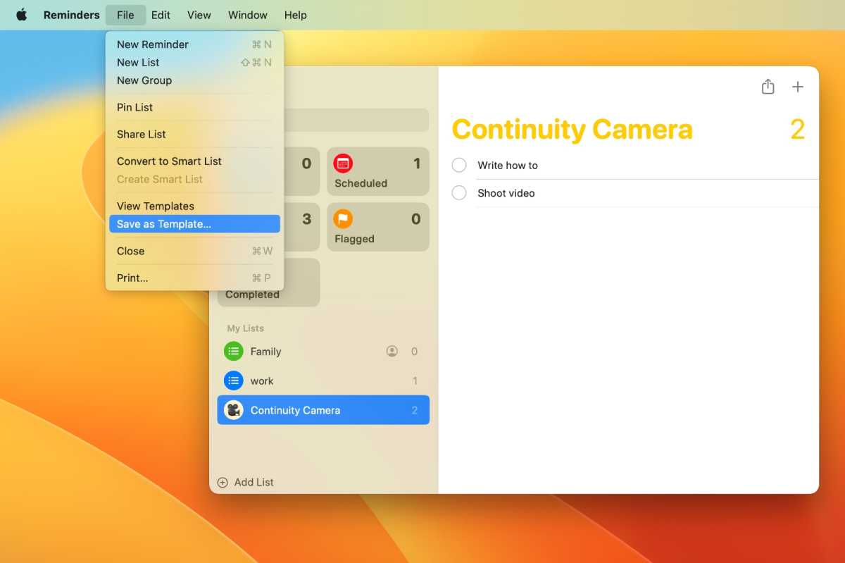 В macOS Ventura шаблоны списков можно создавать в «Напоминаниях».