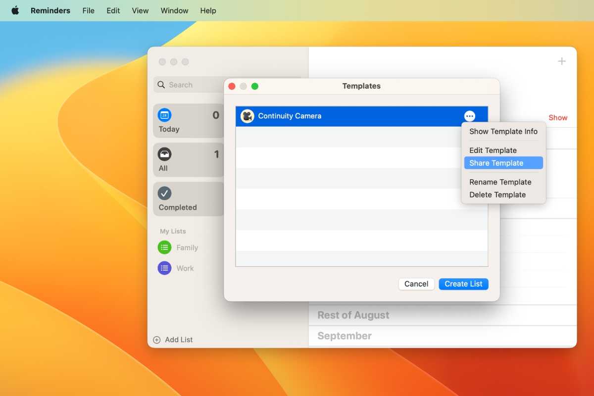 In macOS Ventura, templates that are made in Reminders can be shared with others.