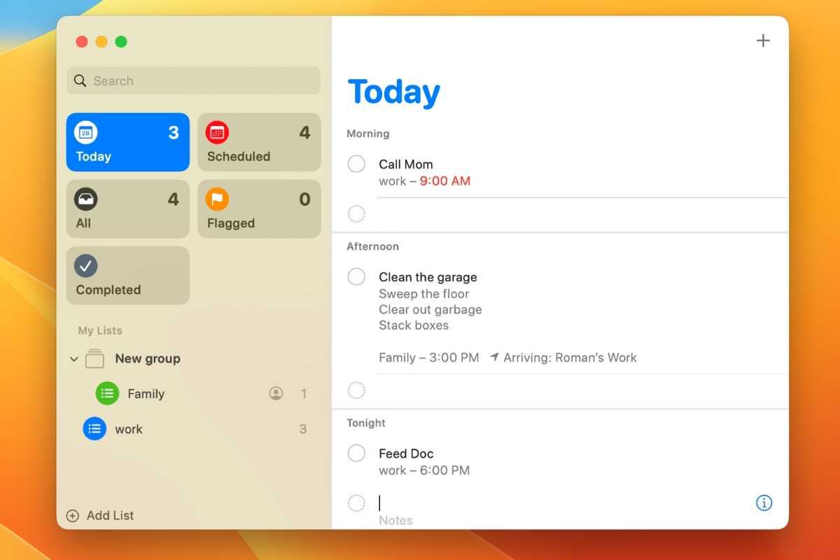 In macOS Ventura, Reminders are now grouped by time and date.